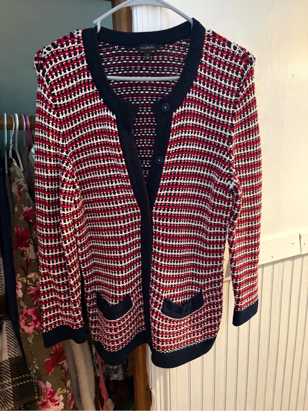 Talbots Red, White & Navy Textured Knit Cardigan